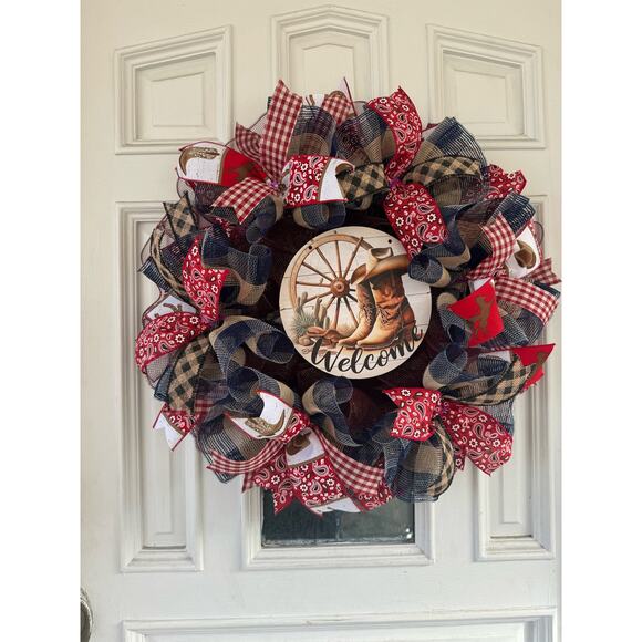 Western Cowboy Wreath - Rustic Country Welcome Wreath - Farmhouse Rodeo Decor - Picture 1 of 7